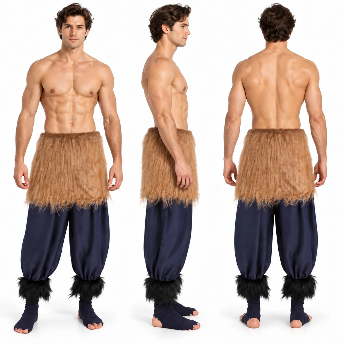 Three modeled views show the costume's brown waist wrap over loose navy pants and open-toe shoe covers.