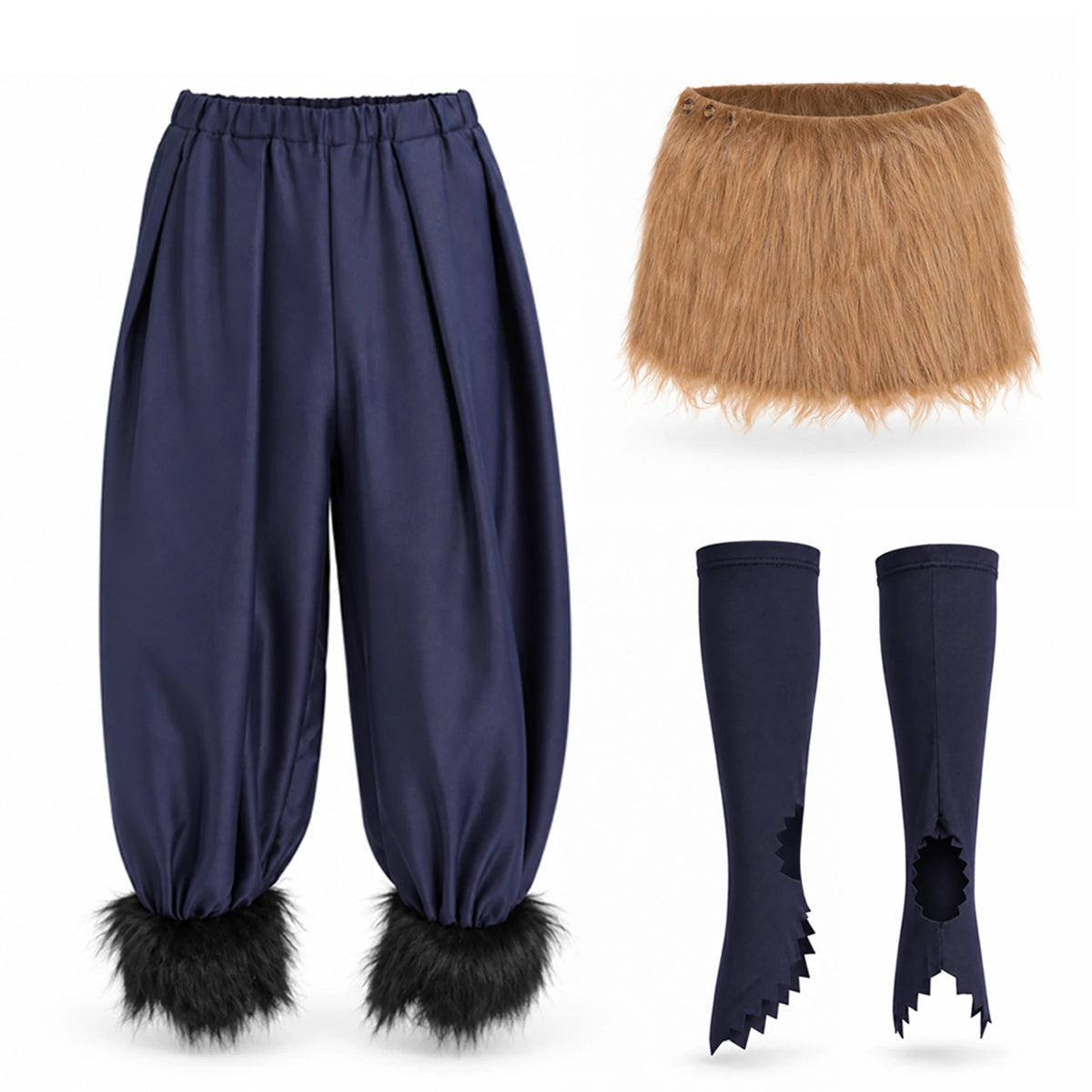 Navy costume pants with black ankle trim are displayed beside a brown faux-fur wrap and two jagged shoe covers.