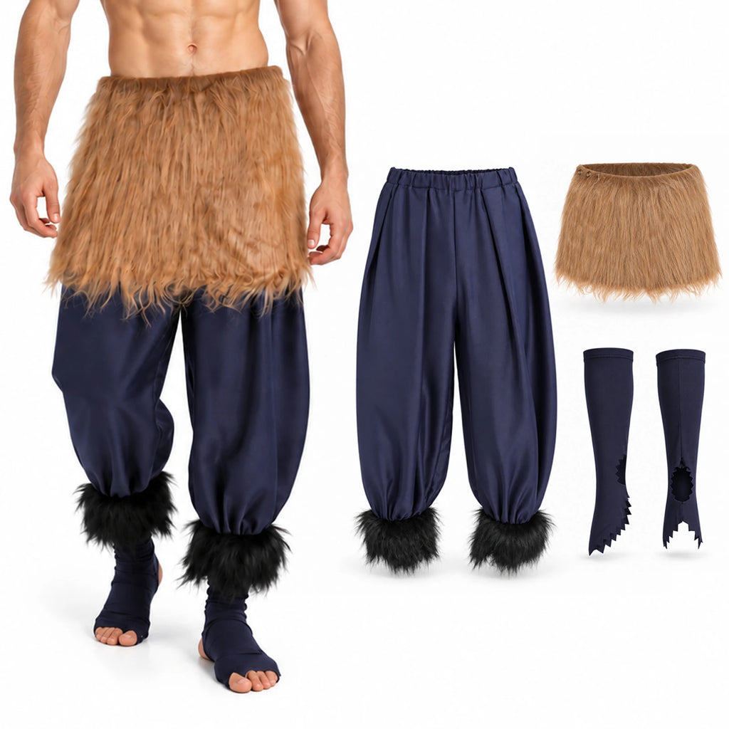 A model wears navy costume pants, a brown faux-fur waist wrap and shoe covers beside the separate pieces.