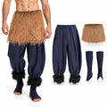 A model wears navy costume pants, a brown faux-fur waist wrap and shoe covers beside the separate pieces.