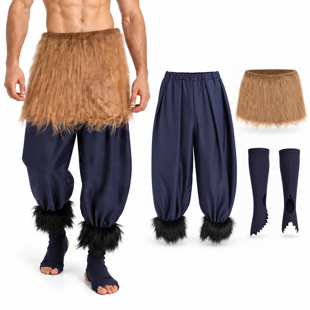 A model wears navy costume pants, a brown faux-fur waist wrap and shoe covers beside the separate pieces.