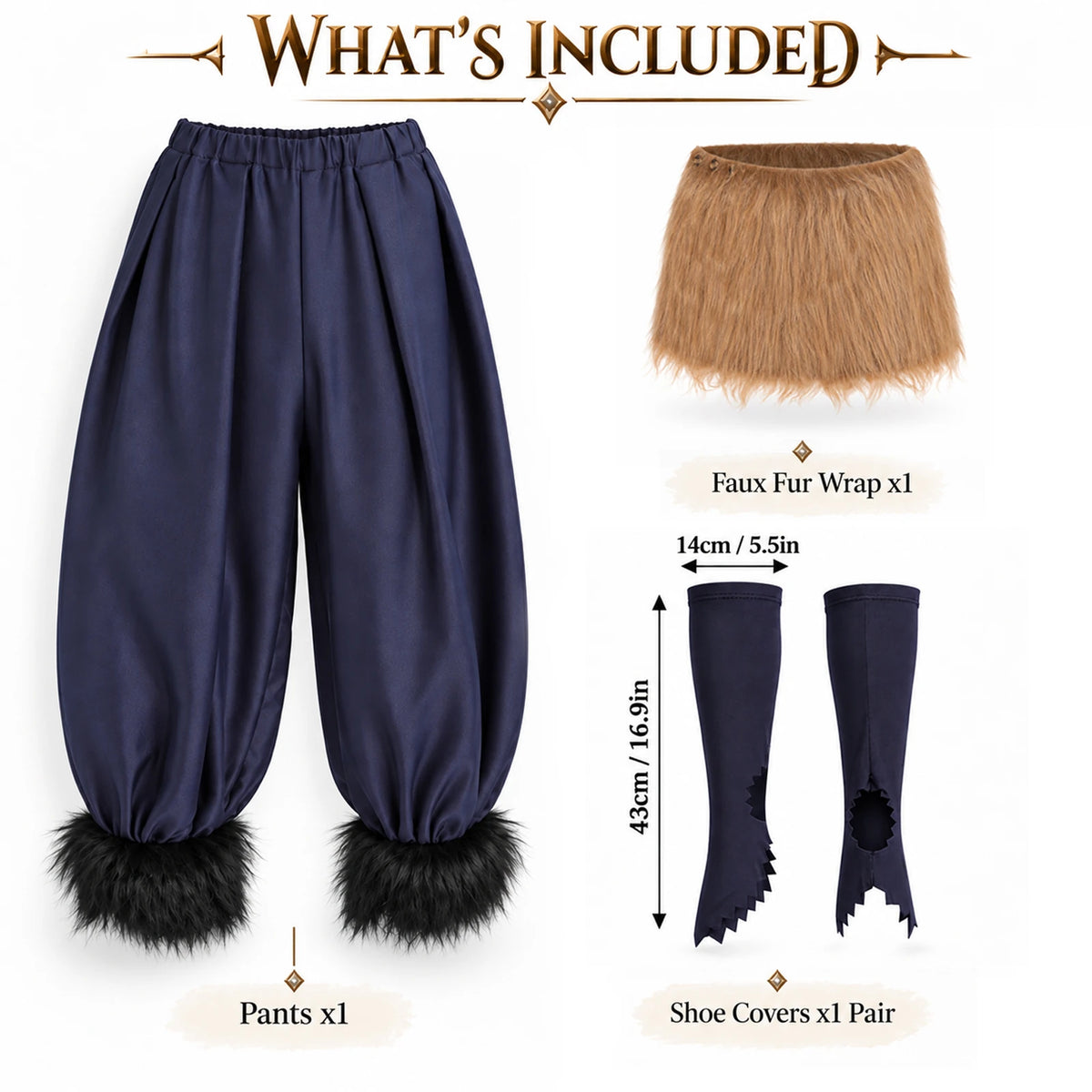 The costume contents graphic labels one pair of shoe covers as 43 cm long and 14 cm wide.