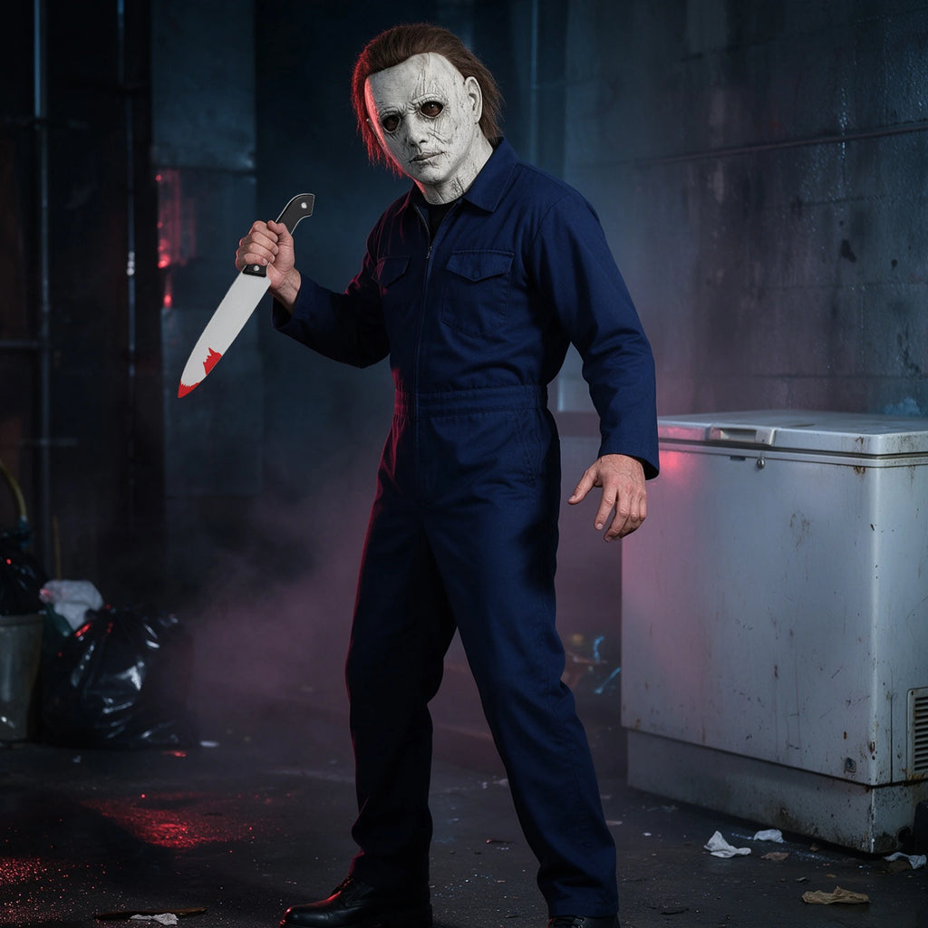 Masked model in navy coveralls holding the prop knife in a dark hallway scene.