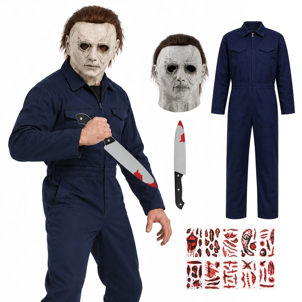 Masked model wearing navy coveralls with a prop knife beside the included garment, mask and scar stickers.