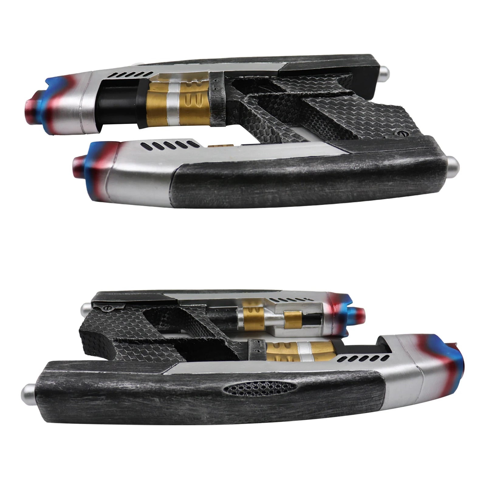 Non-firing sci-fi prop shown from multiple angles to highlight the twin barrels, black grip and silver and gold painted details.