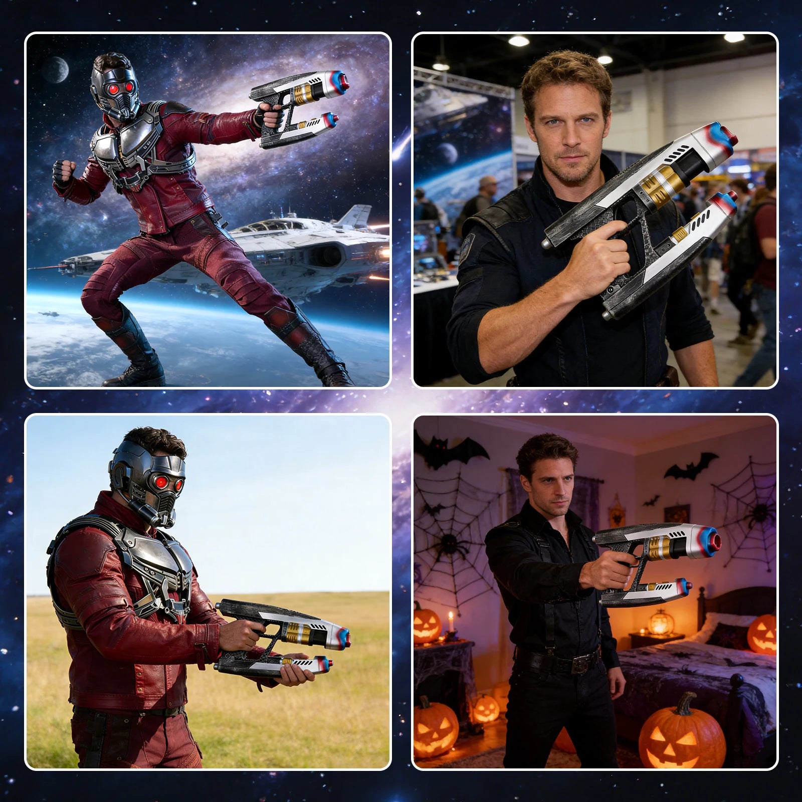 A clear product view presents a non-firing space blaster prop styled for a costume event, with the twin barrels, black grip and silver and gold painted details clearly visible.