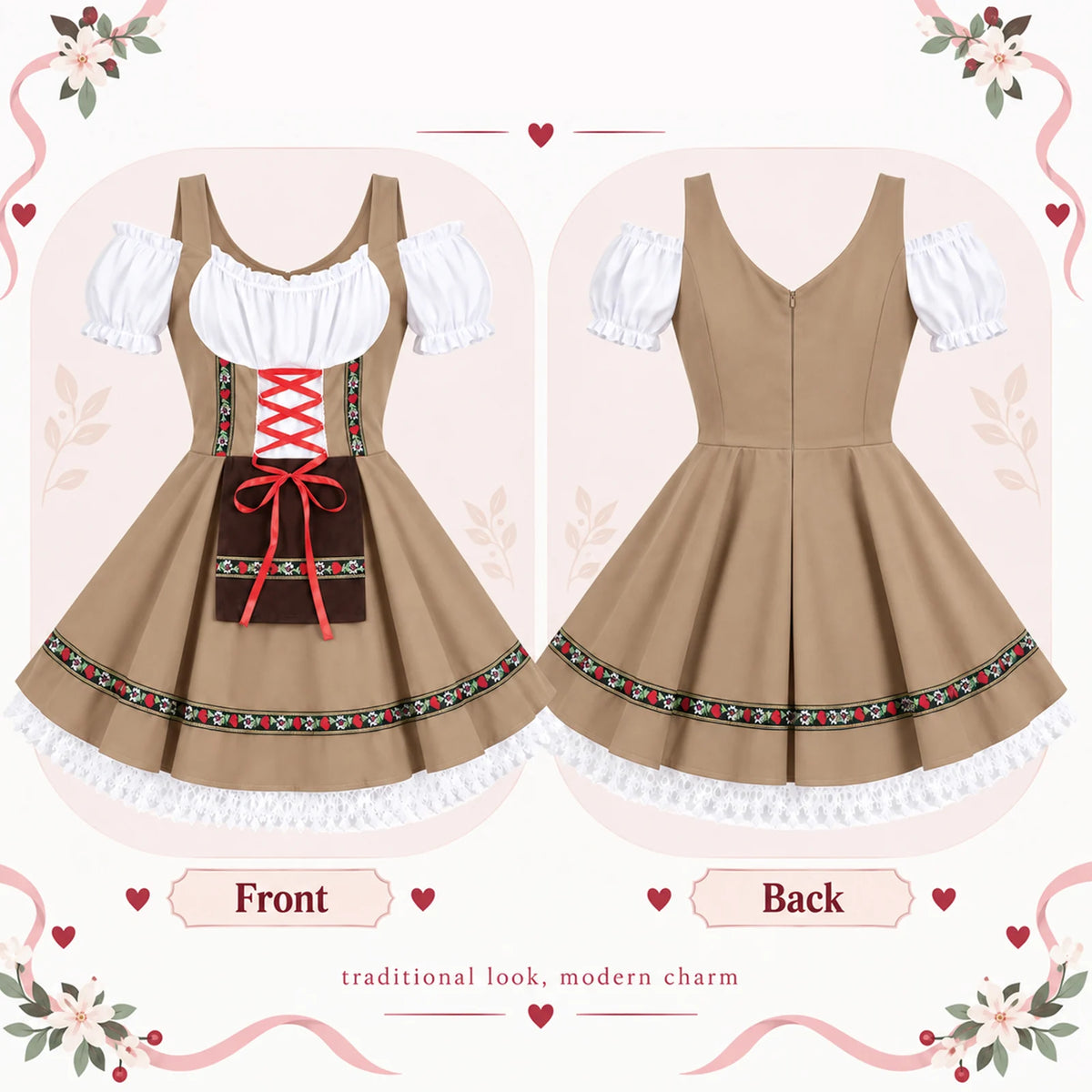 A Front and Back graphic contrasts the beige dress's red-laced white bodice with its plain rear panel.