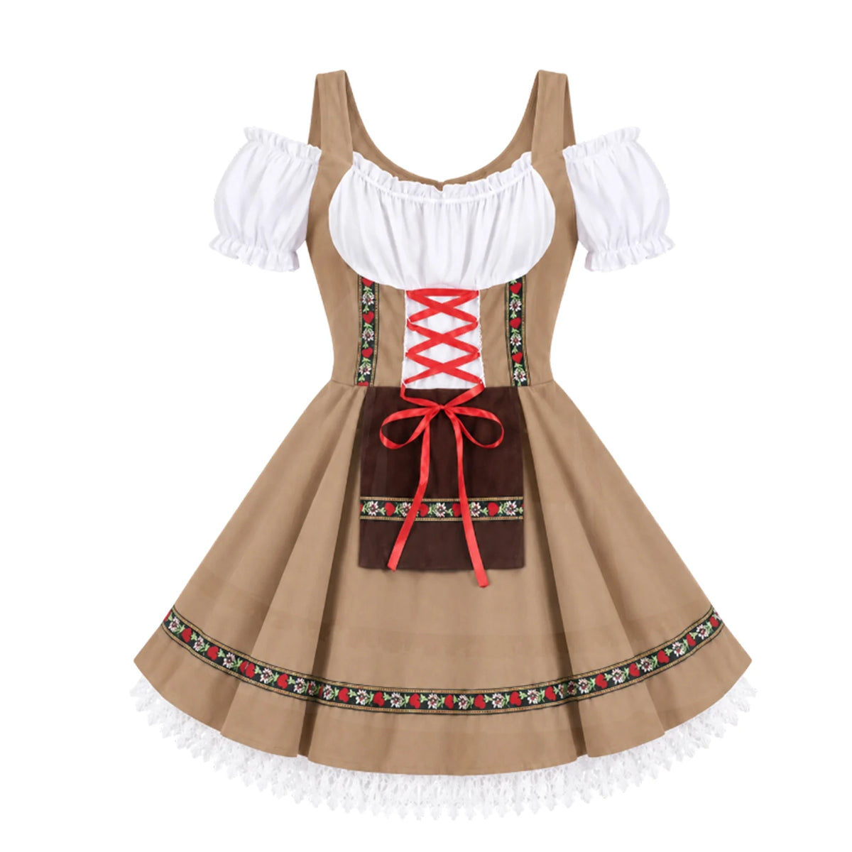 The beige dress front is displayed alone against white, showing shoulder straps, puff sleeves and floral bands.