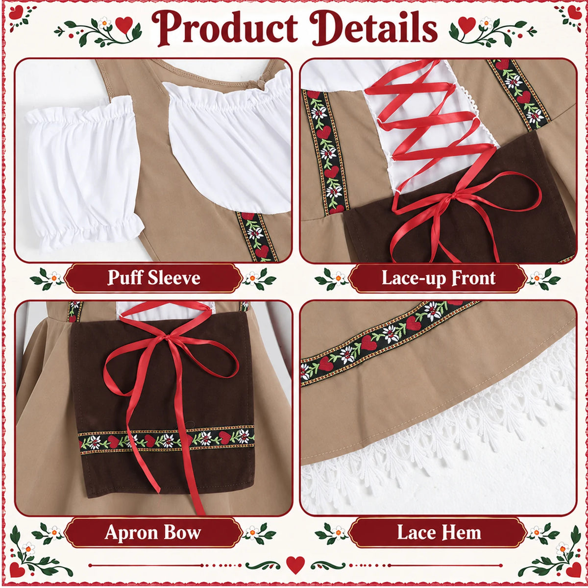 Beige dress close-ups identify the Puff Sleeve, Lace-up Front, Apron Bow and Lace Hem beside floral trim.
