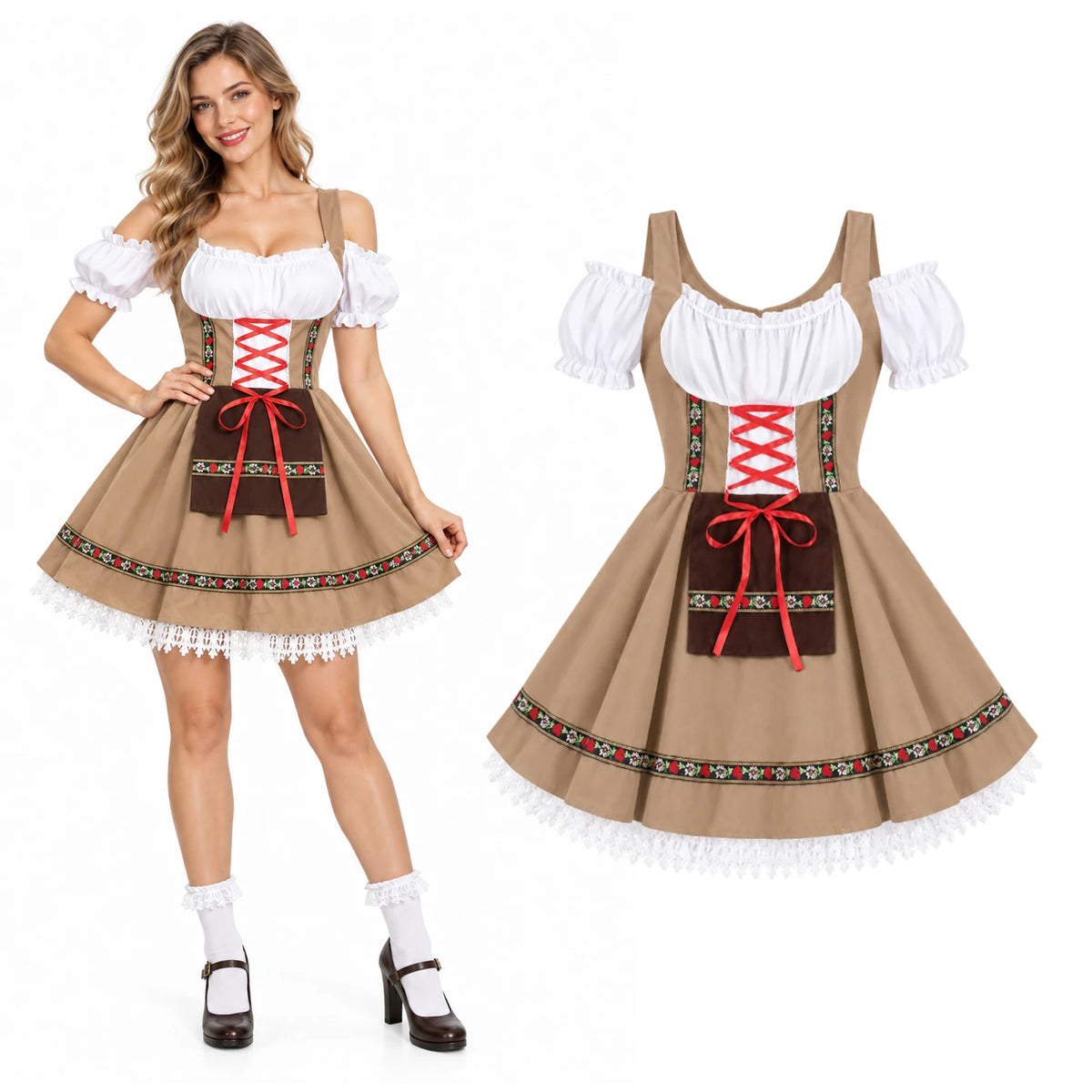The beige Oktoberfest dress appears on a model and separately, with a brown apron panel and red ribbon bow.