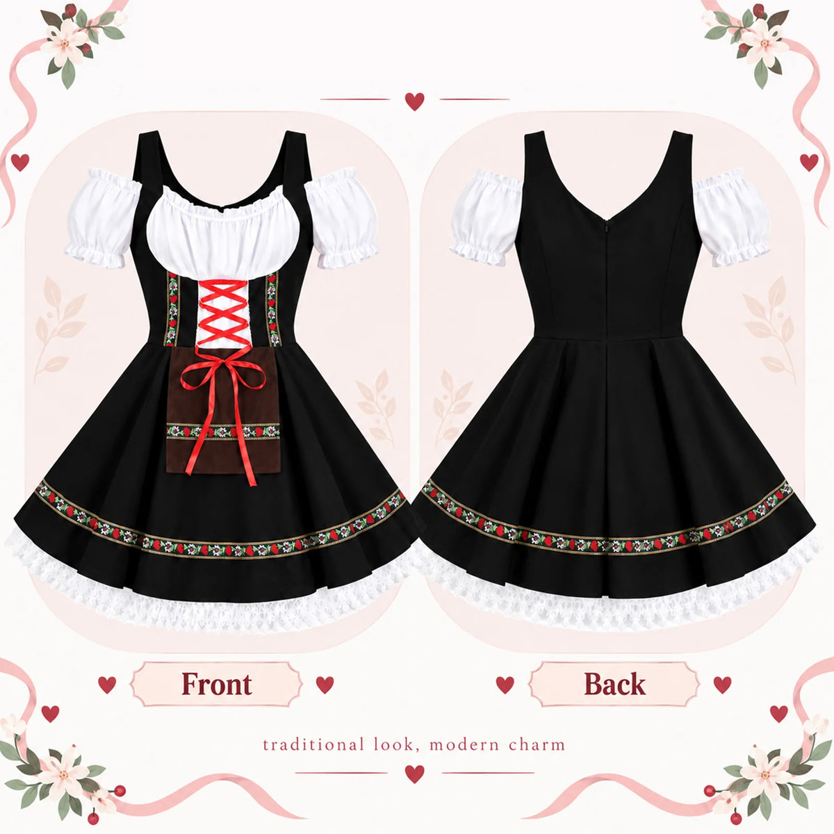 Black dress comparison graphic labeled Front and Back shows the ribbon bodice and plain zippered back.