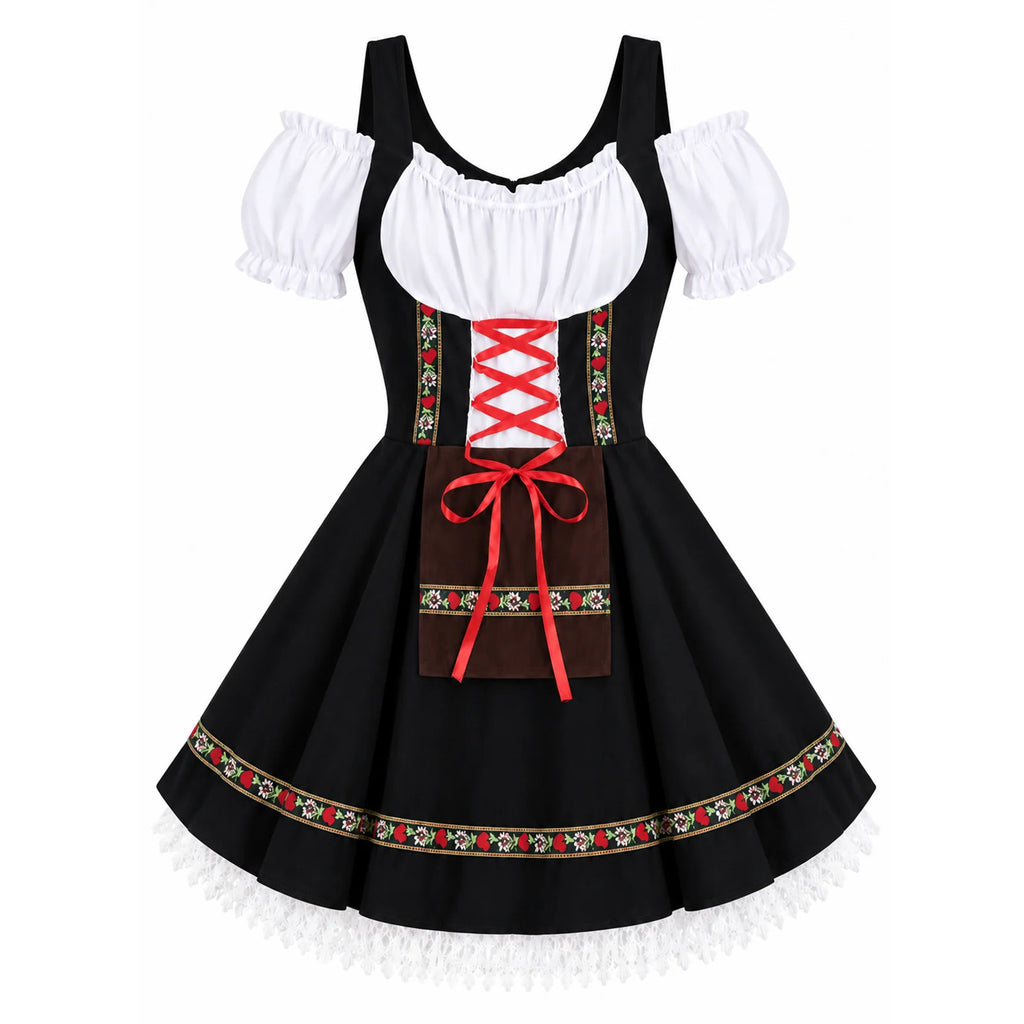 An isolated black Oktoberfest dress shows red ribbon lacing, a brown apron panel and white lace below its floral-trimmed skirt.