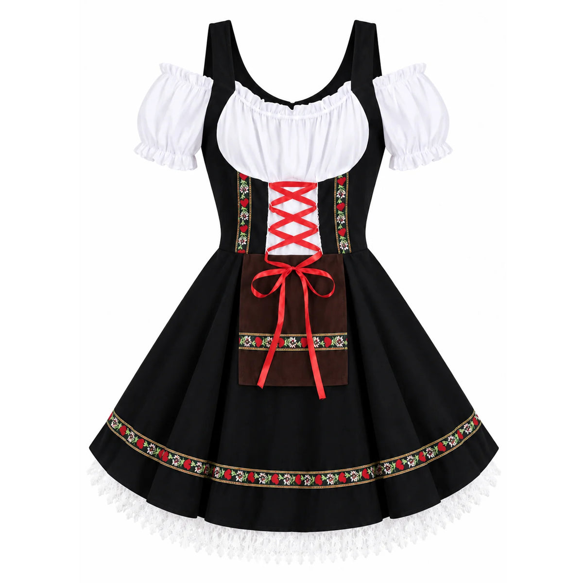 An isolated black Oktoberfest dress shows red ribbon lacing, a brown apron panel and white lace below its floral-trimmed skirt.