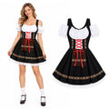 A model holds the black dress skirt beside a separate front view showing red lacing and white sleeves.