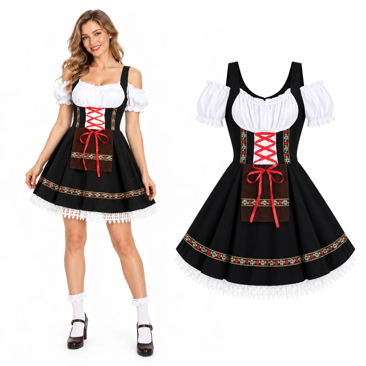 A model holds the black dress skirt beside a separate front view showing red lacing and white sleeves.