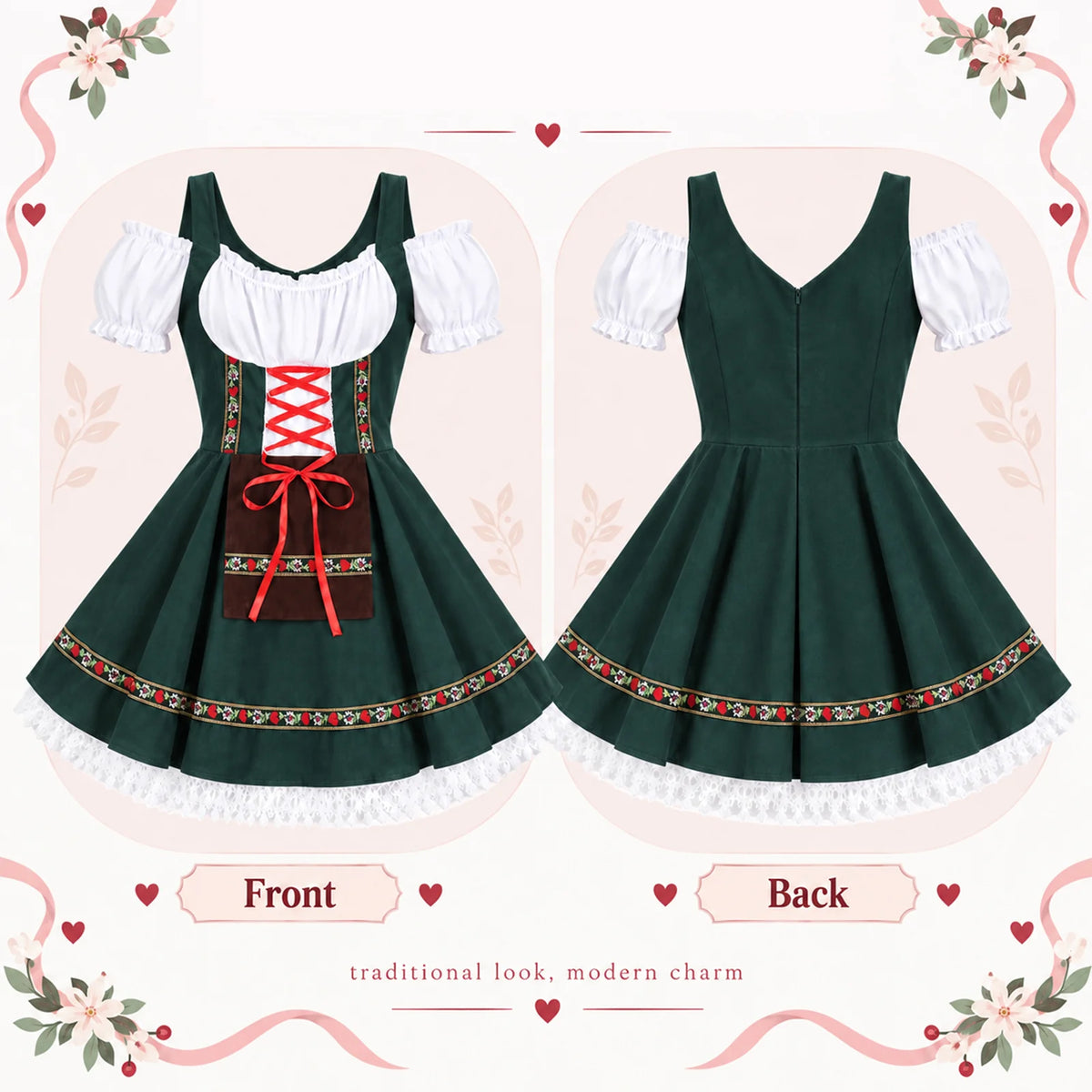 The green dress Front and Back illustration highlights red lacing on the front and a V-neck zipper closure behind.