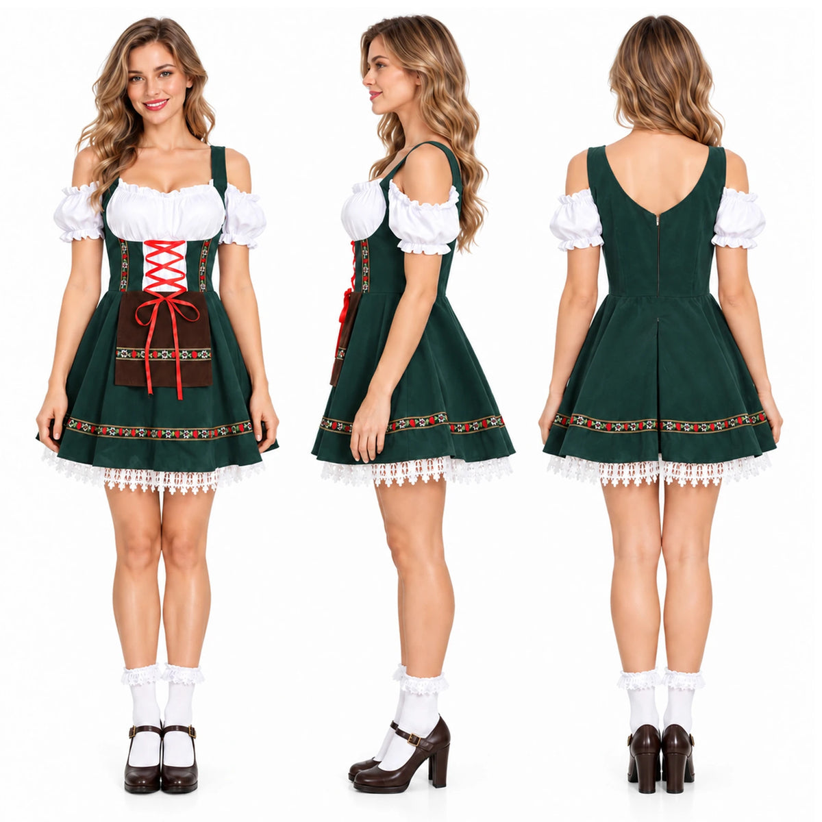 Green dress model views show the laced front, open shoulders in profile and plain zippered back.