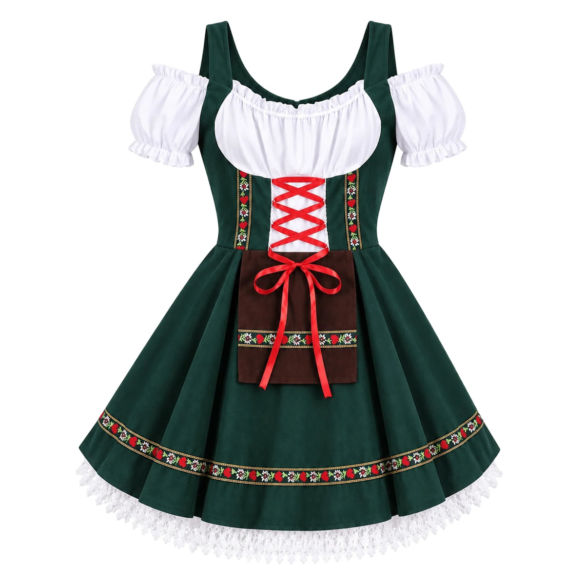An isolated green dress front shows the white gathered neckline, puff sleeves, brown apron panel and red bow.