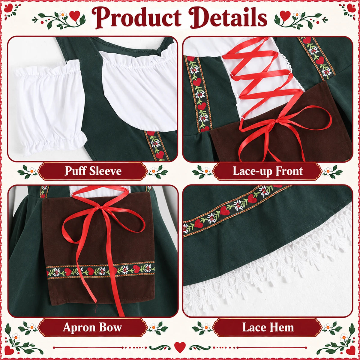 A green dress detail collage labels Puff Sleeve, Lace-up Front, Apron Bow and Lace Hem over close-ups of each feature.