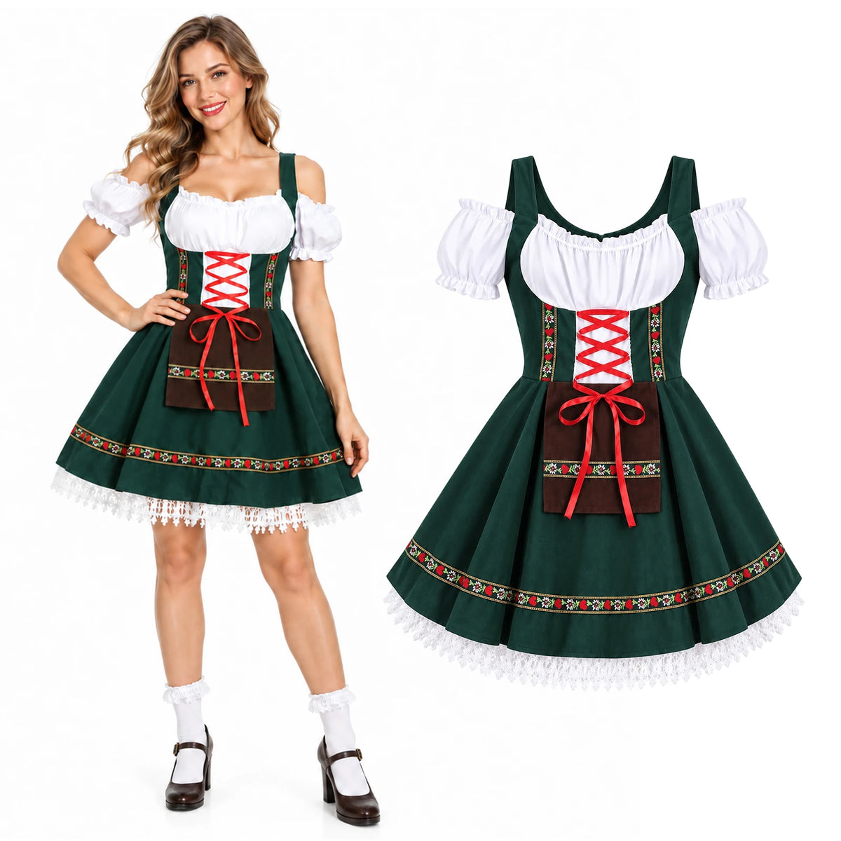 The green Oktoberfest dress appears on a model and in isolation, with red ribbon lacing and a floral-trimmed skirt.
