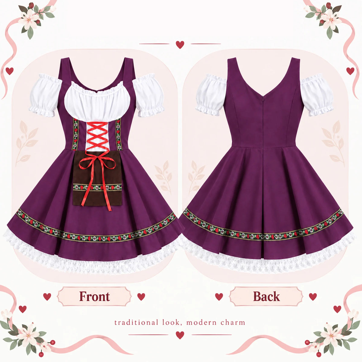 Purple dress Front and Back comparison shows matching floral bands along the skirt and a plain back bodice.