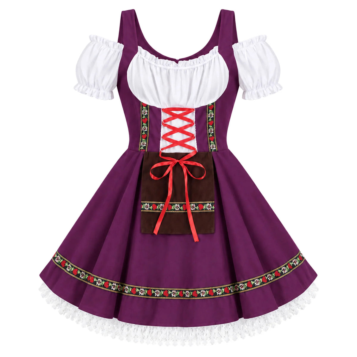 A purple Oktoberfest dress is displayed on white with red ribbon crossing the bodice and white lace beneath the floral band.