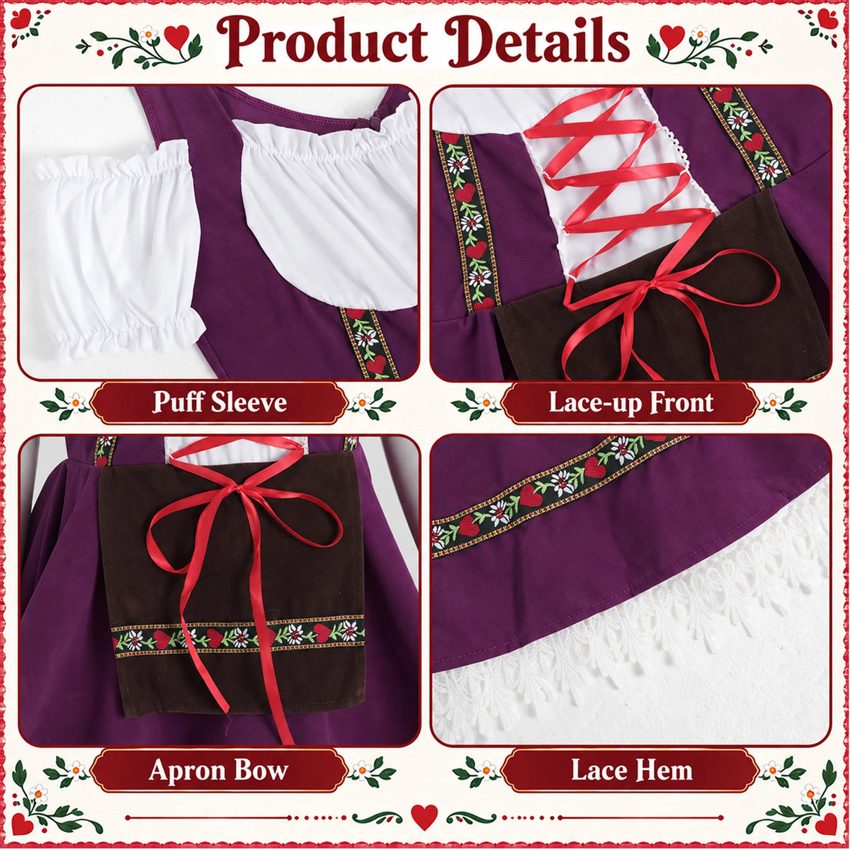 Four purple dress close-ups show the labeled Puff Sleeve, Lace-up Front, Apron Bow and white Lace Hem.
