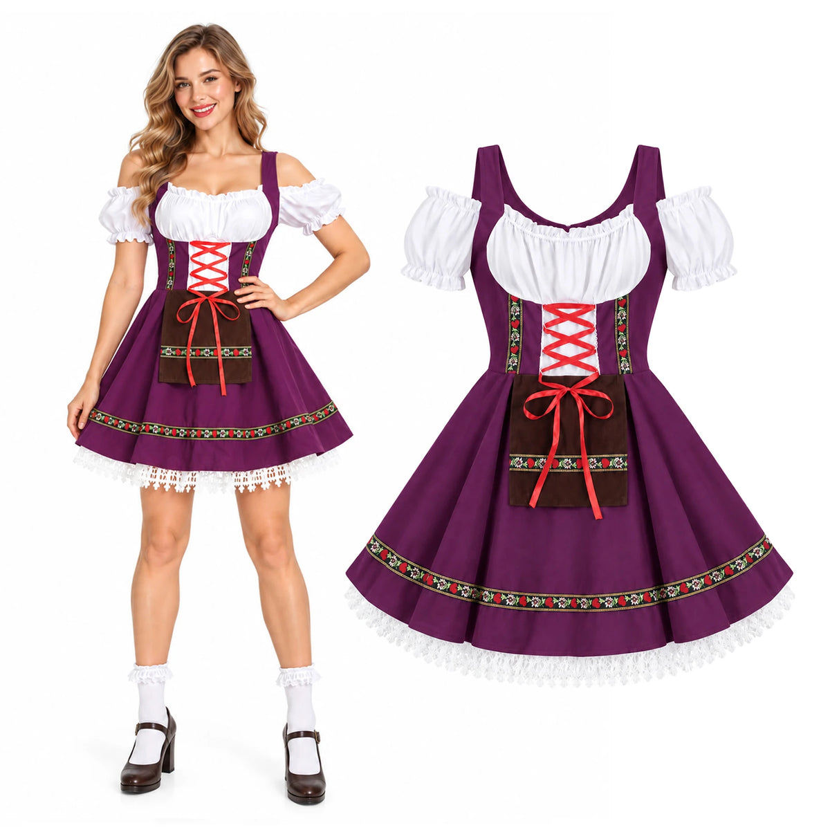The purple dress appears on a model beside an isolated front view, showing white sleeves, red lacing and a brown panel.