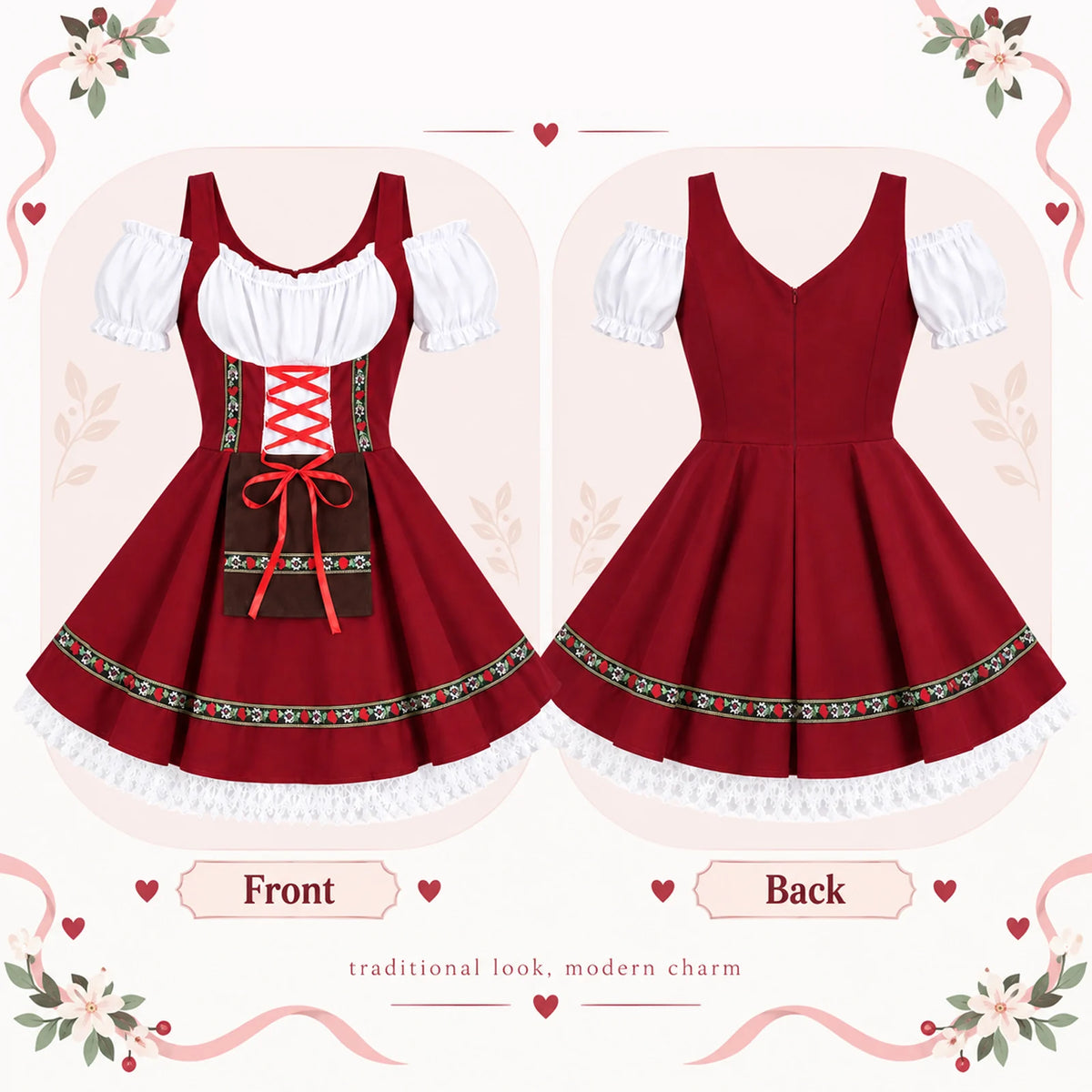 Labeled Front and Back views of the red dress compare its decorative bodice with the V-shaped rear neckline.