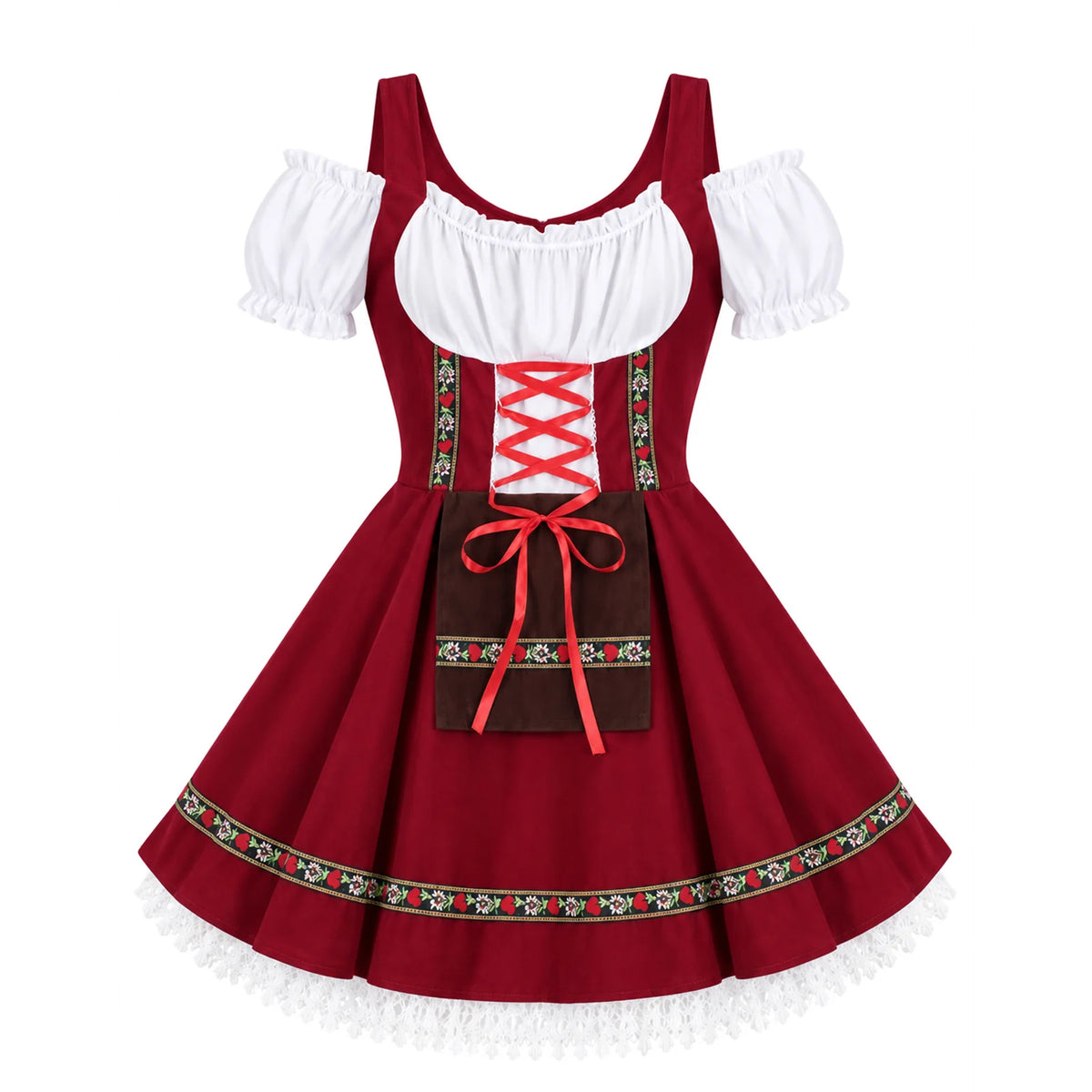 An isolated front view displays the red Oktoberfest dress's crisscross ribbon, brown apron panel and floral skirt trim.