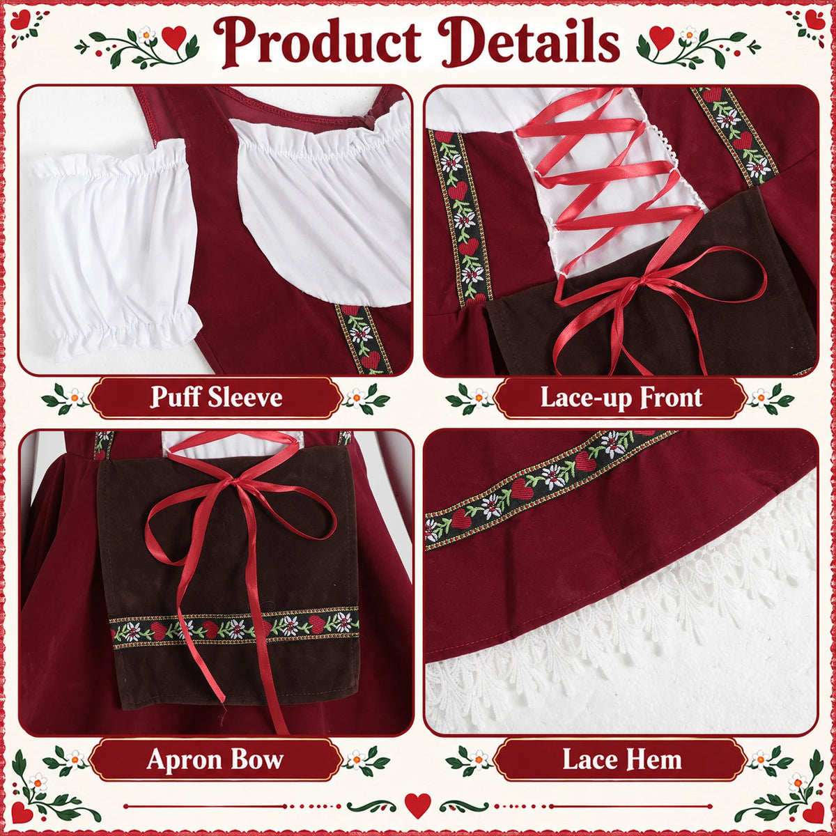 A red dress feature graphic highlights Puff Sleeve, Lace-up Front, Apron Bow and Lace Hem in four close-up panels.