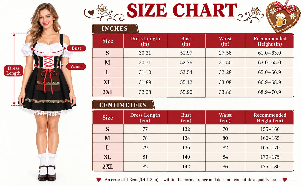 The Oktoberfest dress size guide lists dress length, bust, waist and recommended wearer height for S through 2XL in centimeters and inches.