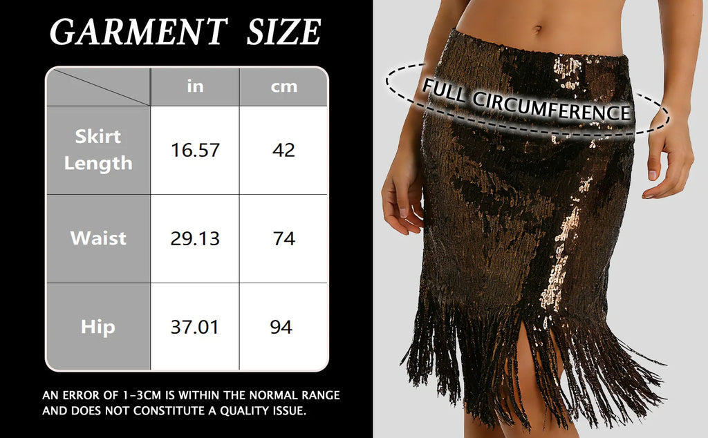 Garment size chart showing the available measurements for the black sequin fringe midi skirt.