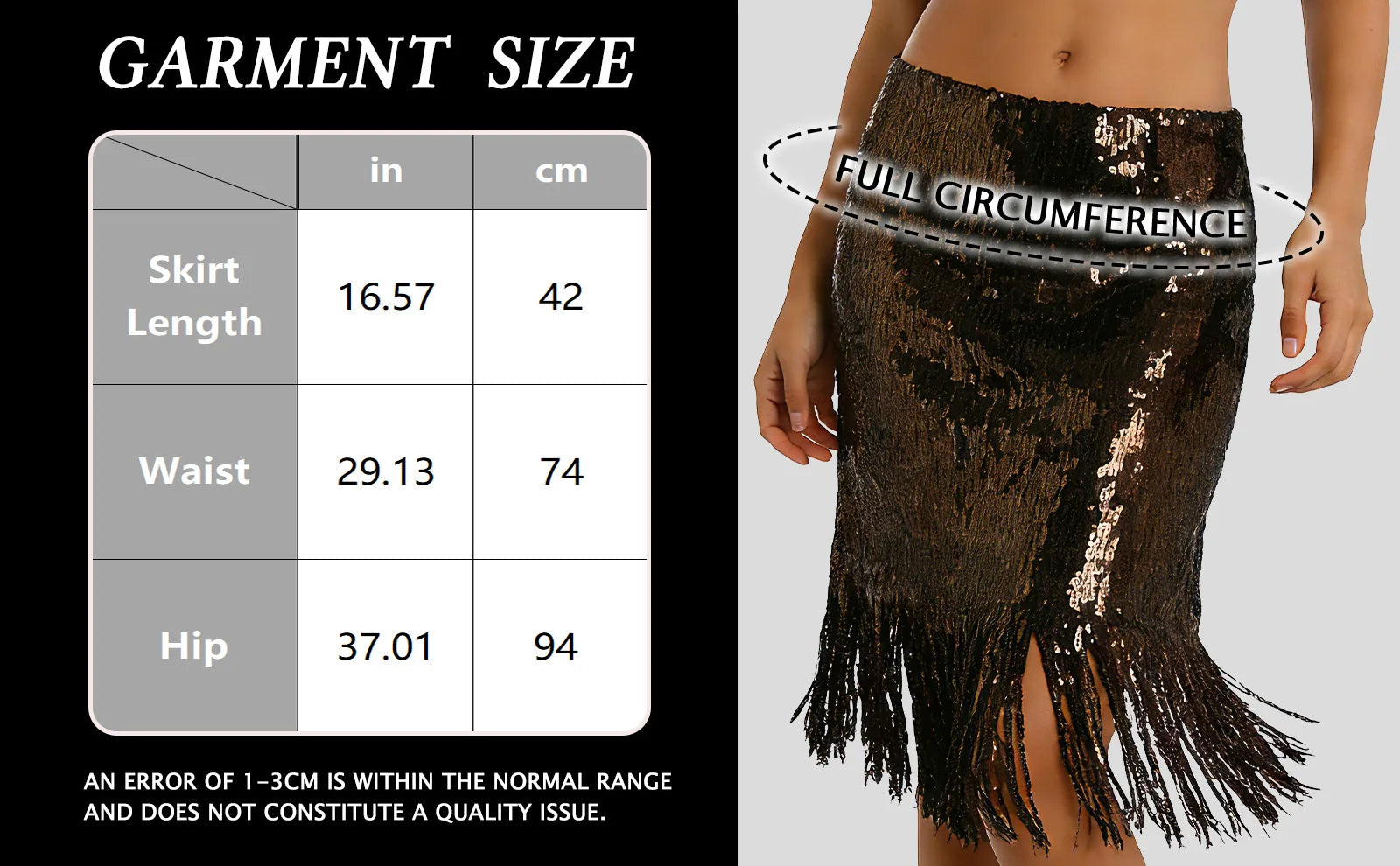 Garment size chart showing the available measurements for the black sequin fringe midi skirt.