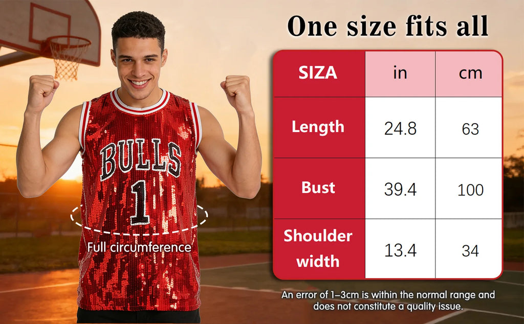 Garment size chart showing the available measurements for the red sequin basketball jersey costume.