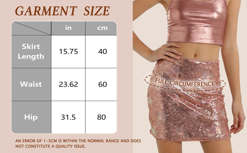Garment size chart showing the available measurements for the rose gold sequin mini skirt.