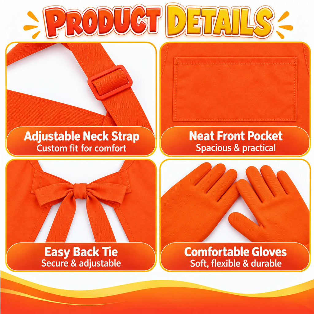 Product Details panels label the Adjustable Neck Strap, Neat Front Pocket, Easy Back Tie and Comfortable Gloves.