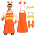 Adult wearing an orange apron costume beside the headband, glasses, yellow mustache and eyebrows, and orange gloves
