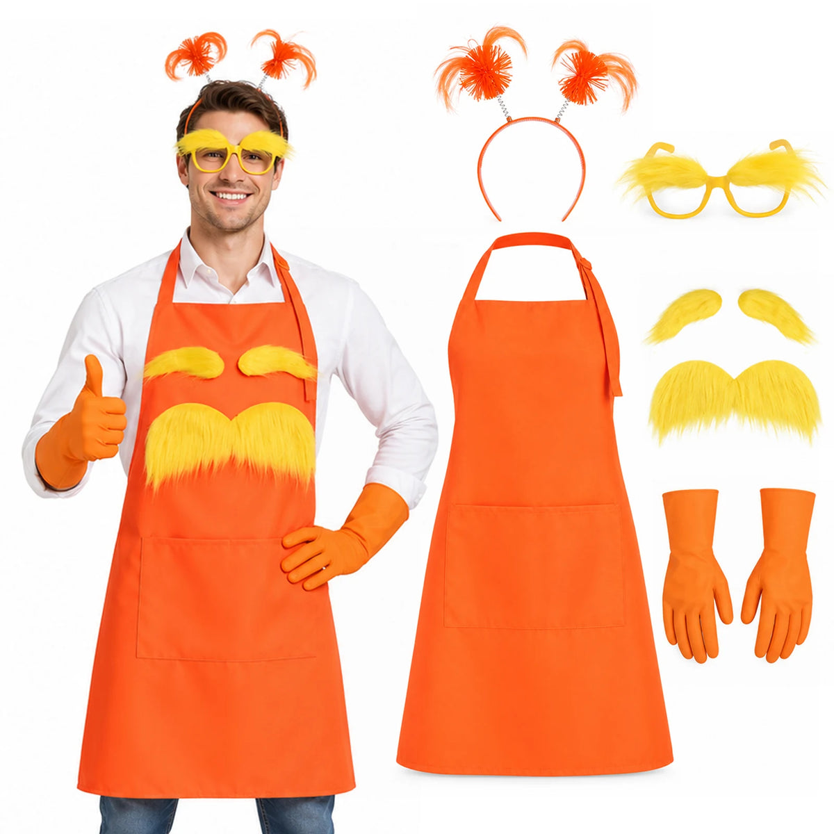Adult wearing an orange apron costume beside the headband, glasses, yellow mustache and eyebrows, and orange gloves