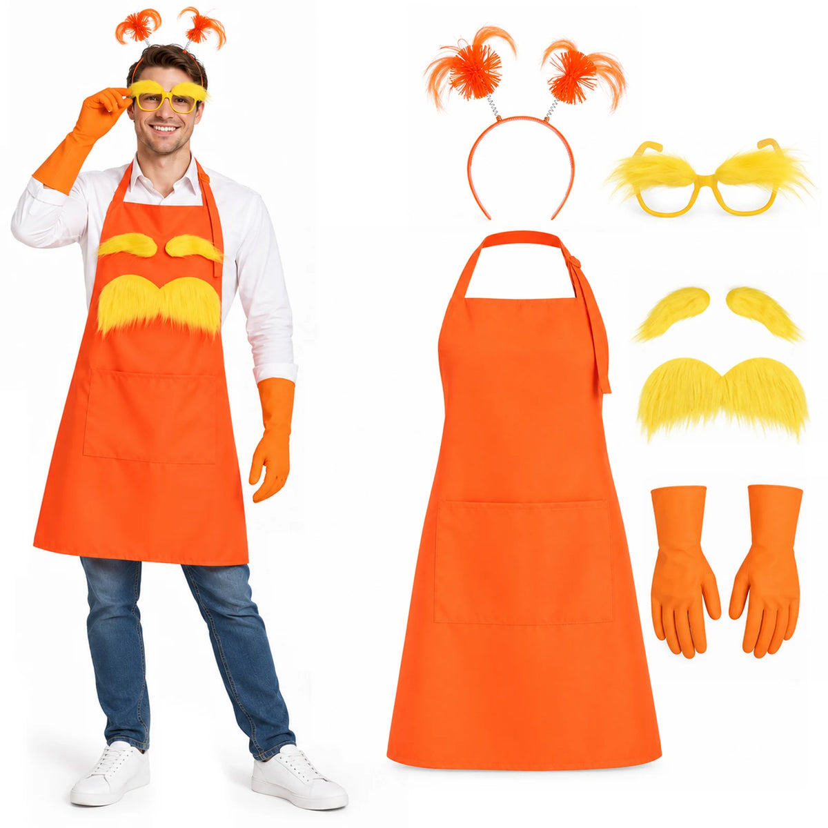 An adult adjusts yellow glasses while wearing an orange apron, beside the matching headband, gloves and yellow mustache accessories.