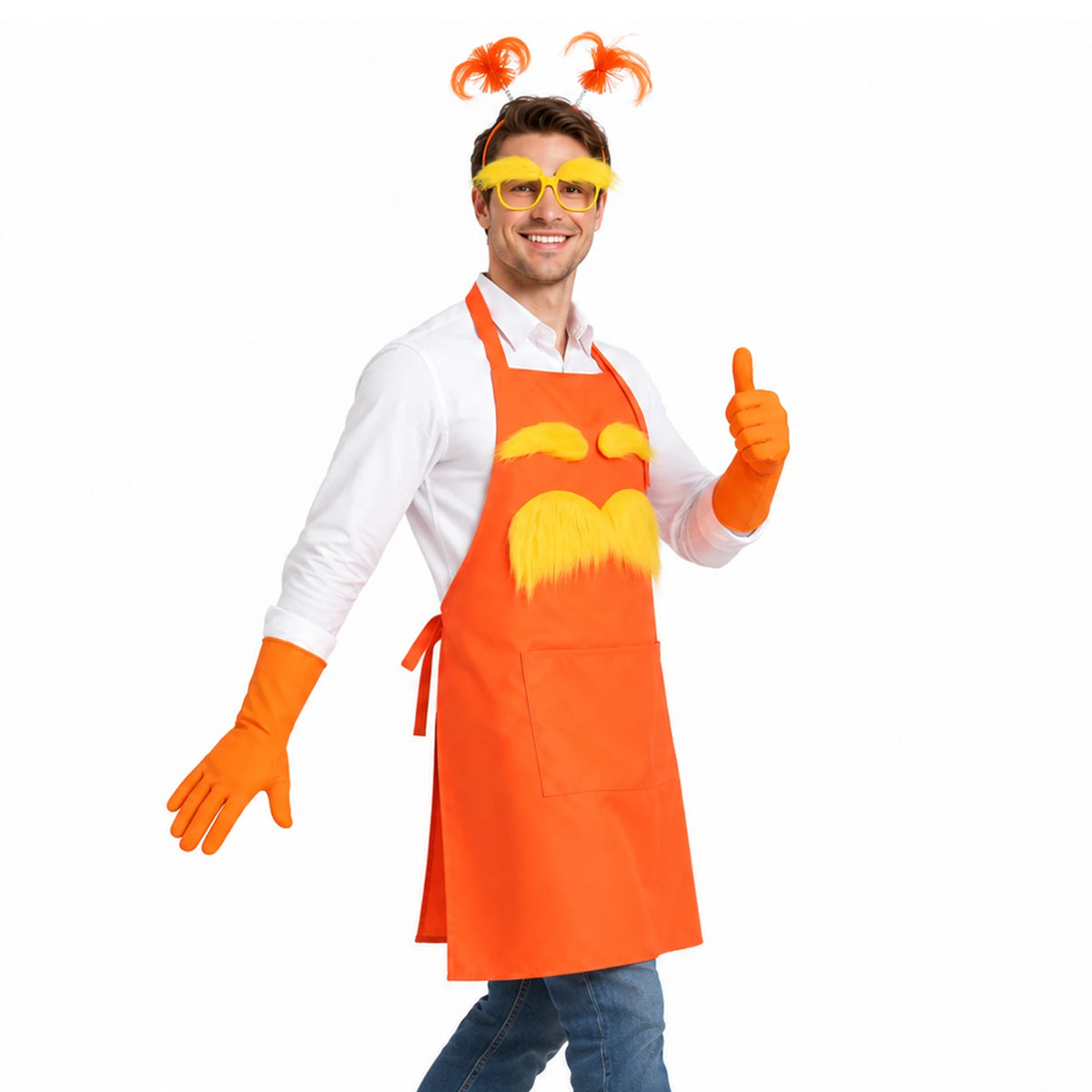 An adult gives a thumbs-up in an orange apron with yellow mustache and eyebrow decorations, gloves, glasses and a tufted headband.