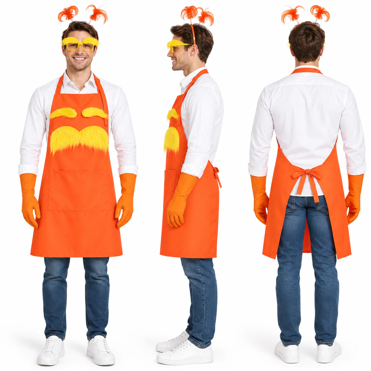 Front, side and back views of the orange apron costume worn over a white shirt and blue pants