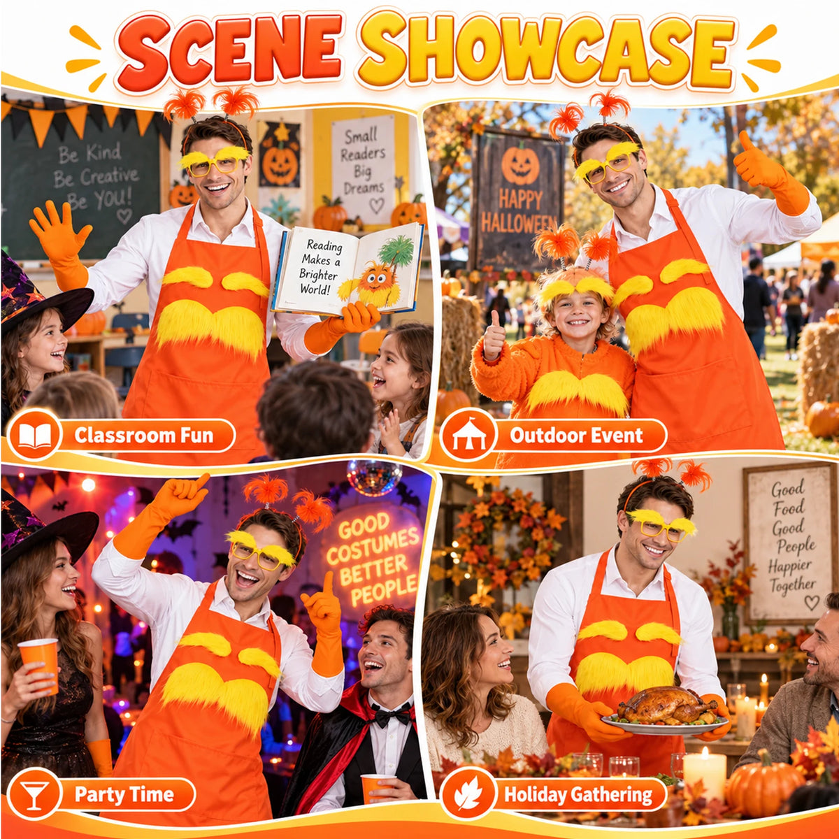 Scene Showcase panels show an adult in the orange apron under Classroom Fun, Outdoor Event, Party Time and Holiday Gathering labels.