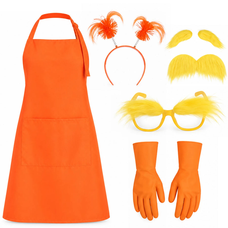 Orange apron, orange tufted headband, yellow glasses, mustache and eyebrows, and a pair of orange gloves laid out together