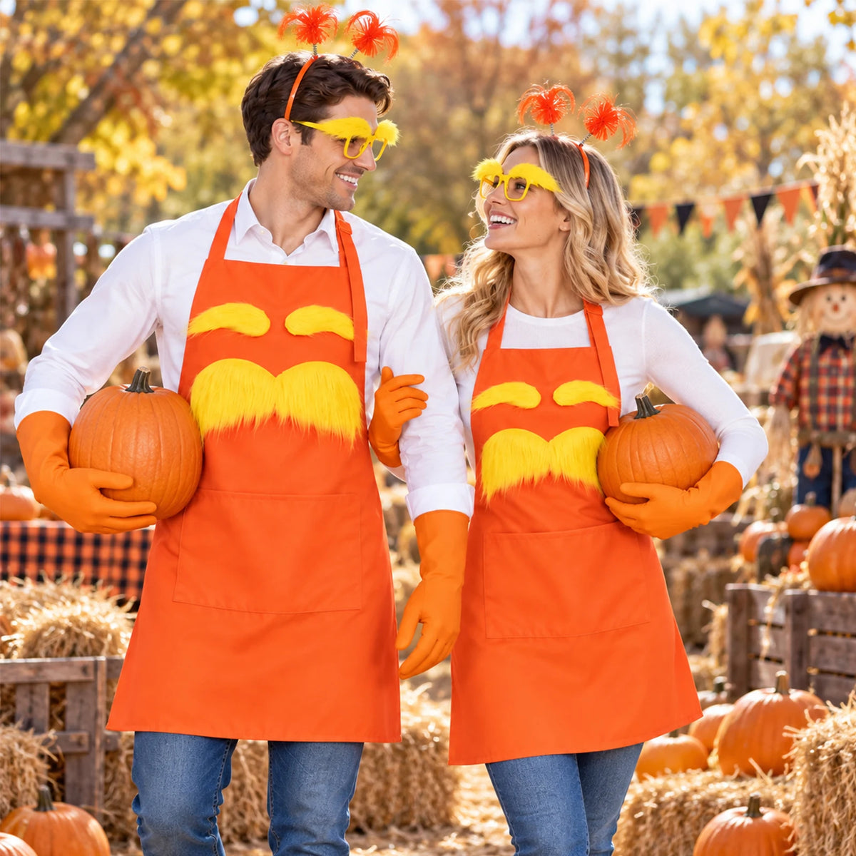 Two adults each wearing an orange apron costume outdoors with pumpkins