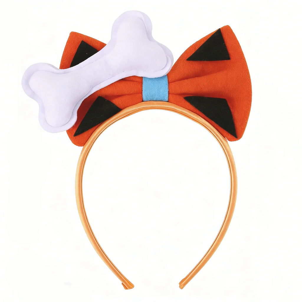 Orange cavegirl bone bow headband is shown from the front, with the orange bow, black triangular spots and white bone decoration clearly visible.