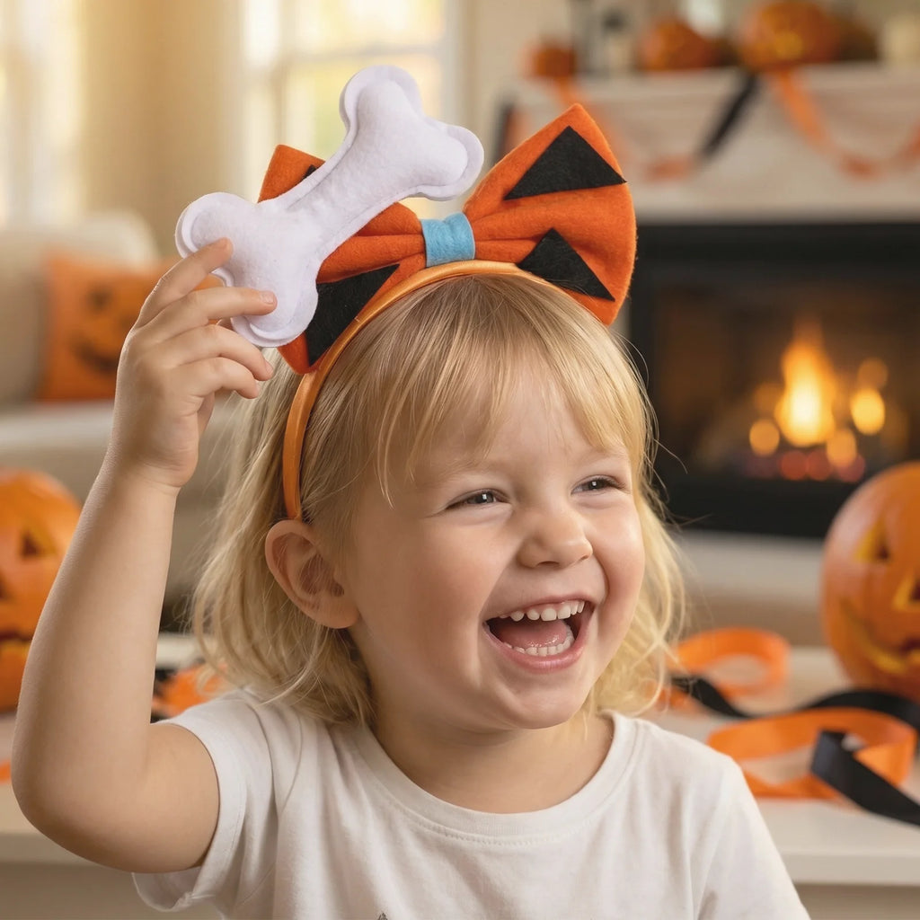 A themed setting presents orange cavegirl bone headband party costume scene, with the orange bow, black triangular spots and white bone decoration clearly visible.