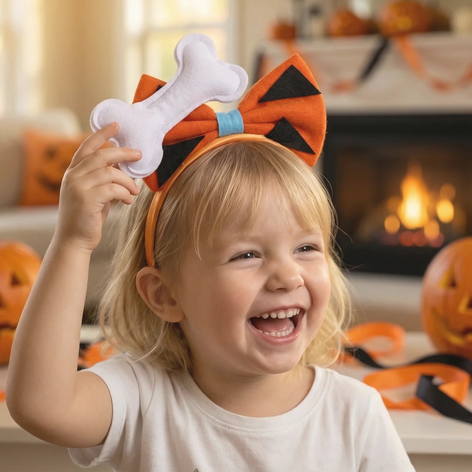 A themed setting presents orange cavegirl bone headband party costume scene, with the orange bow, black triangular spots and white bone decoration clearly visible.