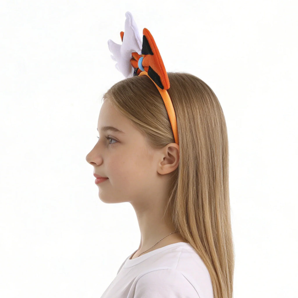 Orange cavewoman headband is shown in side profile, with the orange bow, black triangular spots and white bone decoration visible.