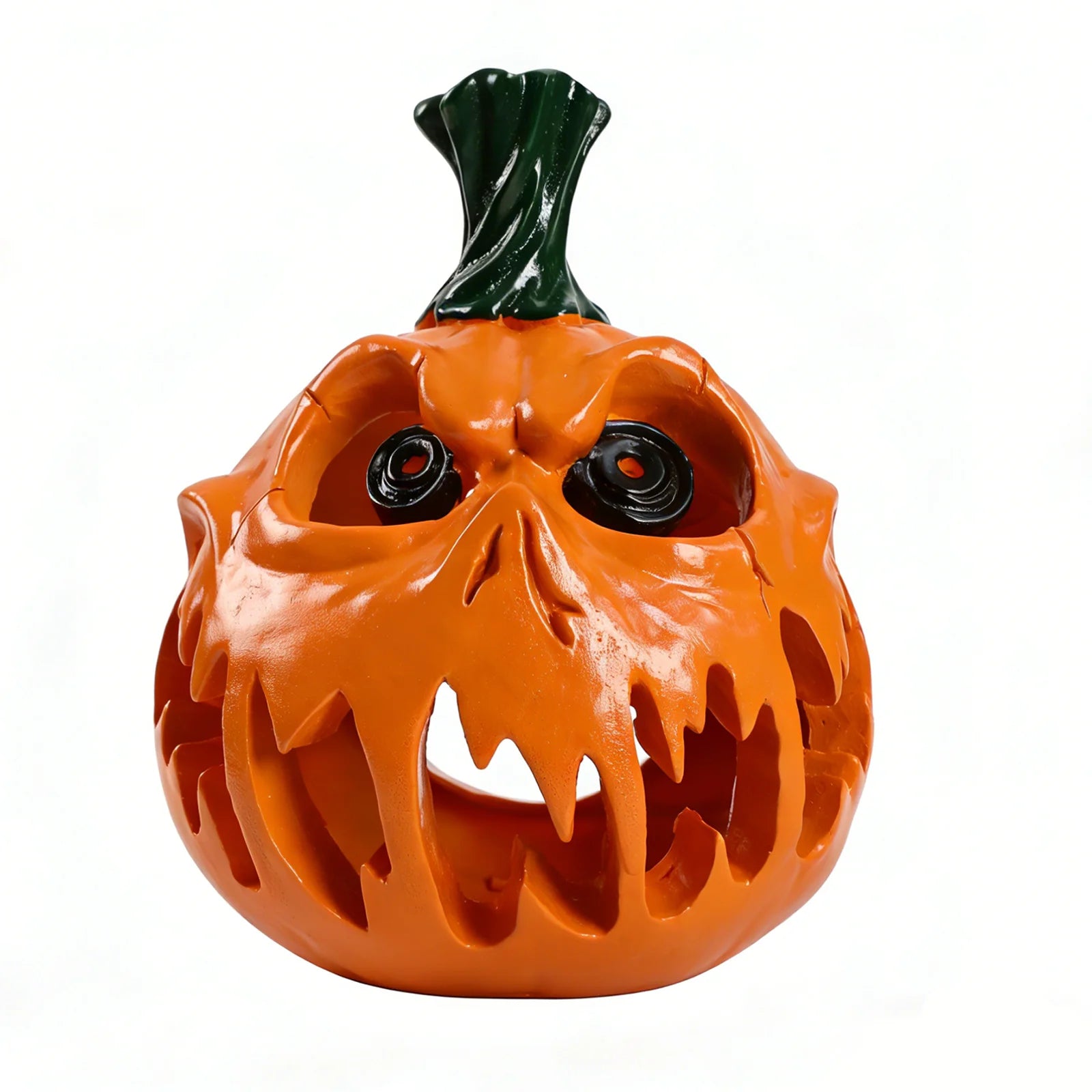 Orange demon pumpkin figurine is shown from the front, with the glossy orange finish, fanged face and open interior clearly visible.